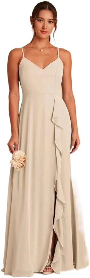 Chiffon Bridesmaid Dresses Spaghetti Straps Formal Dresses for Women with Cascade Ruffle and Straps
