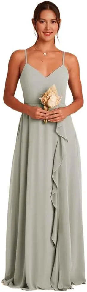 Chiffon Bridesmaid Dresses Spaghetti Straps Formal Dresses for Women with Cascade Ruffle and Straps