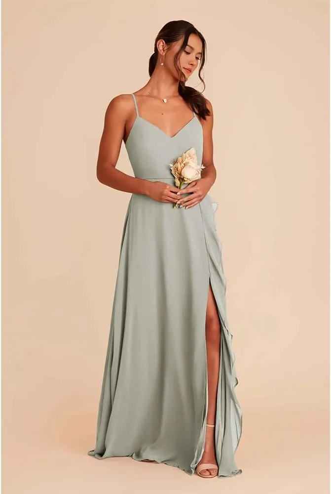 Chiffon Bridesmaid Dresses Spaghetti Straps Formal Dresses for Women with Cascade Ruffle and Straps