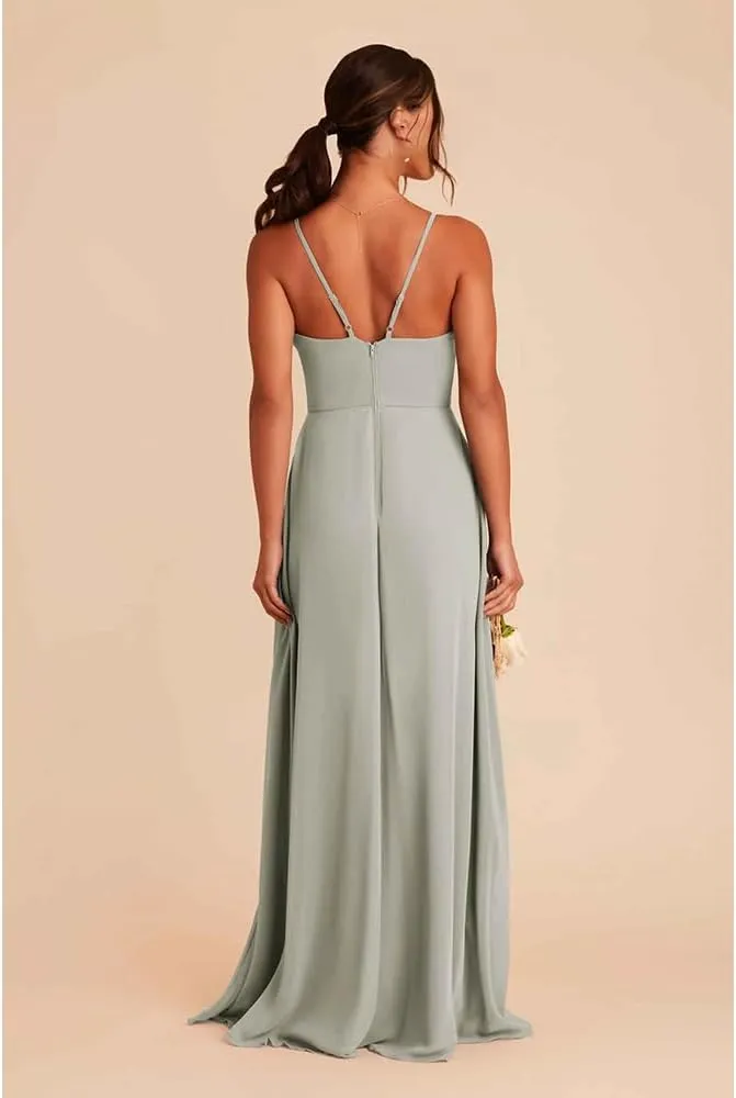 Chiffon Bridesmaid Dresses Spaghetti Straps Formal Dresses for Women with Cascade Ruffle and Straps