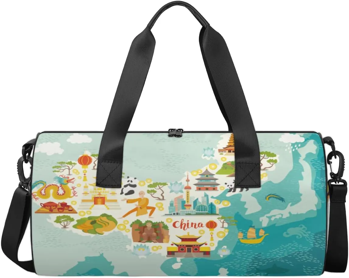 China Map With Symbols Sports Duffel Bag, Gym Tote Bag Waterproof Weekender Travel Bag for Overnight Travel Luggage Workout Women Men