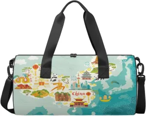 China Map With Symbols Sports Duffel Bag, Gym Tote Bag Waterproof Weekender Travel Bag for Overnight Travel Luggage Workout Women Men