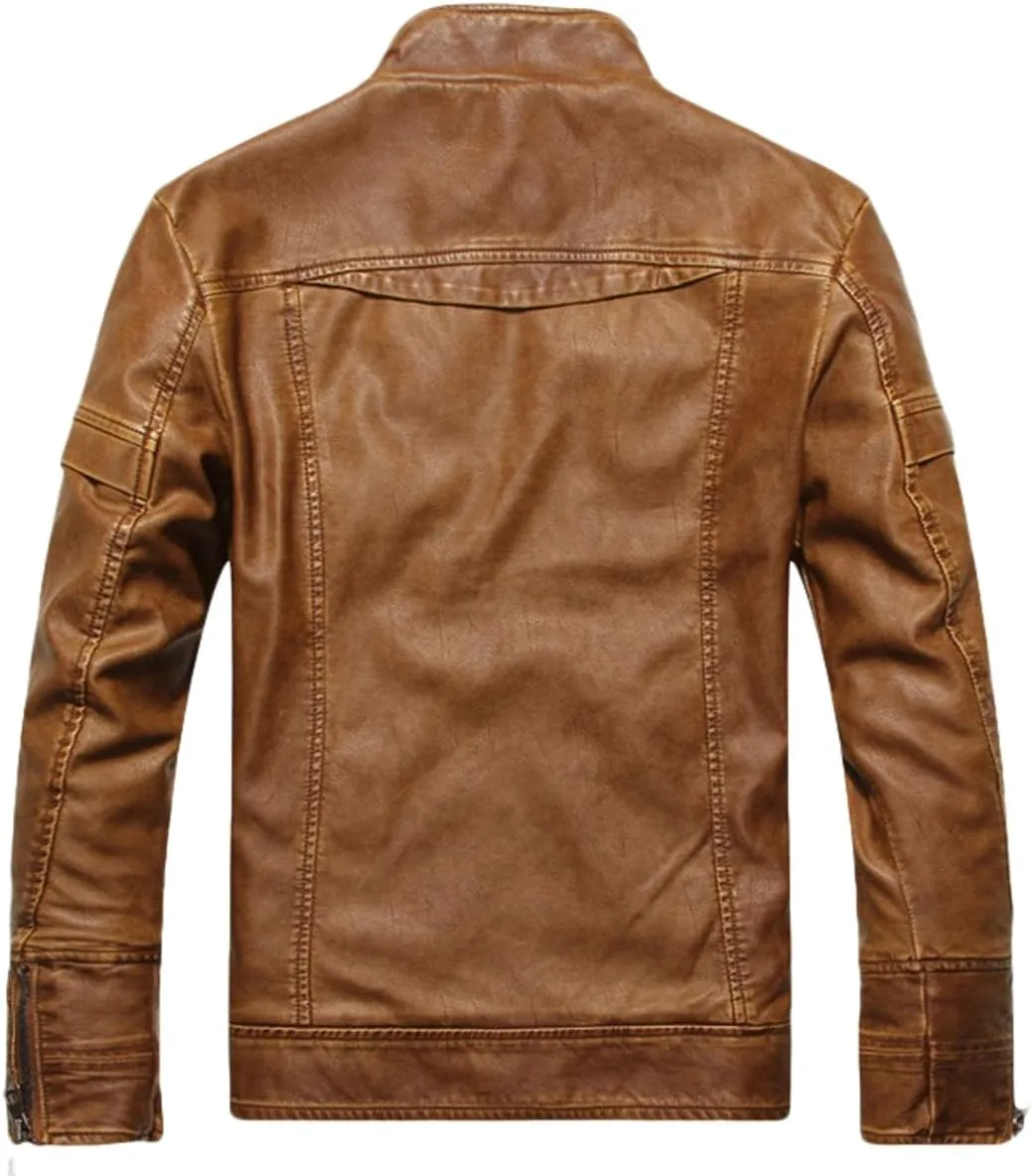chouyatou Men's Vintage Stand Collar Pu Leather Jacket