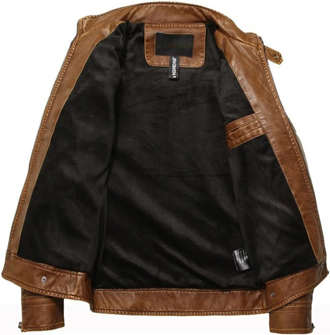 chouyatou Men's Vintage Stand Collar Pu Leather Jacket