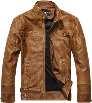 chouyatou Men's Vintage Stand Collar Pu Leather Jacket