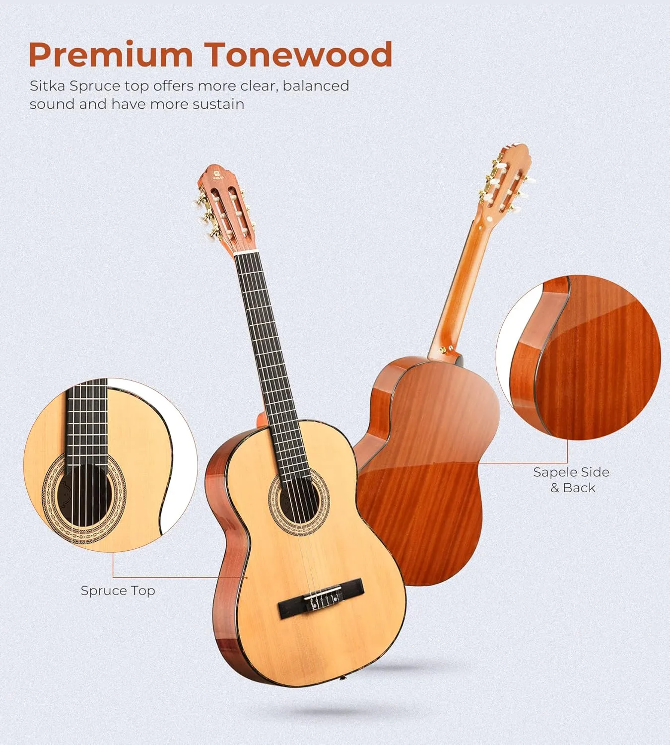 Classical Guitar 36" 3/4 Spanish Style Classical Guitarra, 36 Inch Nylon Strings Guitar Ideal for Beginner Teens Adults, Natural Spruce, by Vangoa