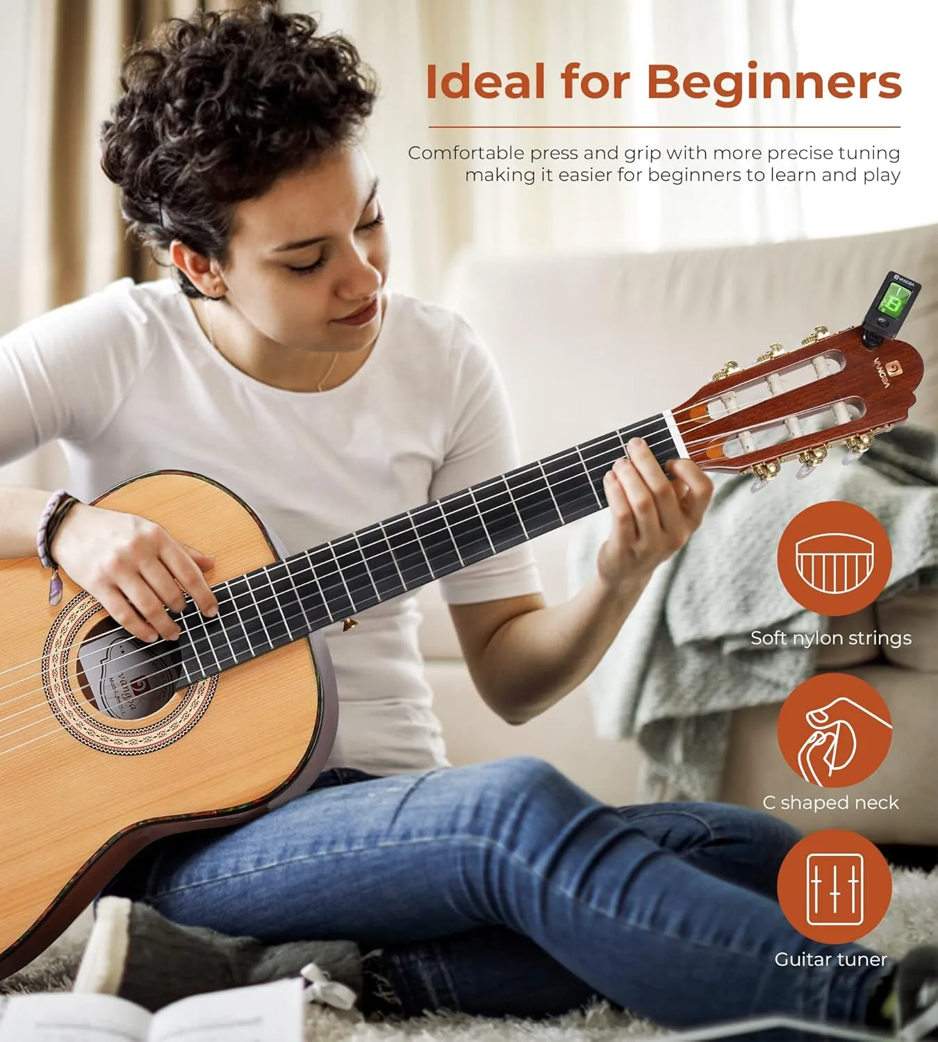 Classical Guitar 36" 3/4 Spanish Style Classical Guitarra, 36 Inch Nylon Strings Guitar Ideal for Beginner Teens Adults, Natural Spruce, by Vangoa