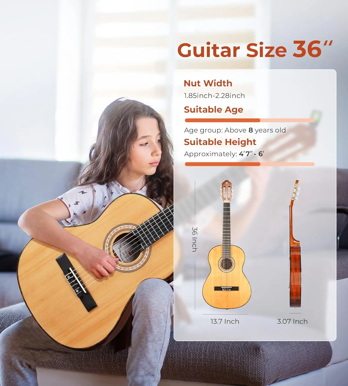 Classical Guitar 36" 3/4 Spanish Style Classical Guitarra, 36 Inch Nylon Strings Guitar Ideal for Beginner Teens Adults, Natural Spruce, by Vangoa