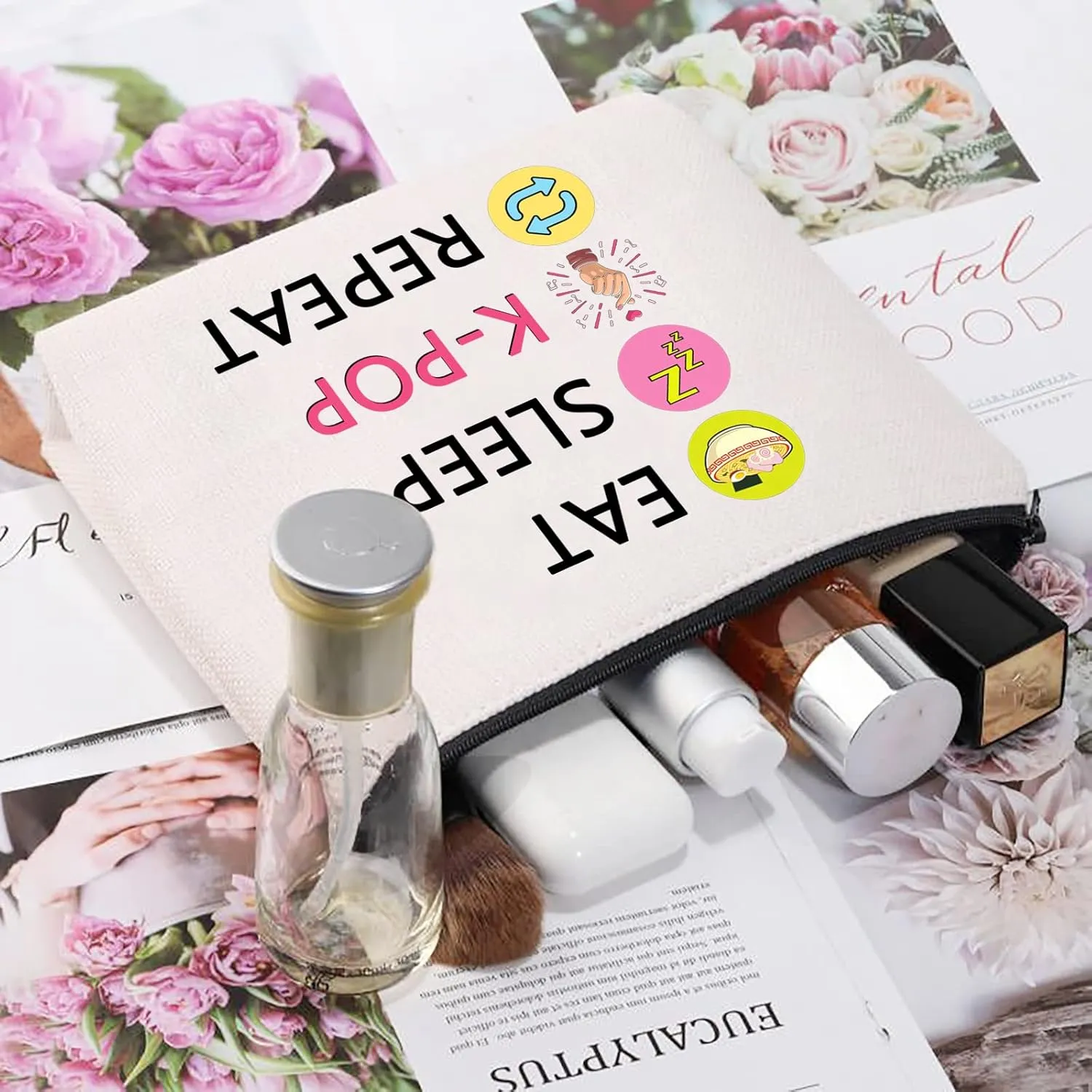 CMNIM K-POP Makeup Bag Eat Sleep K-POP Repeat Travel Pouch K-pop Merchandise Gift for Women Girl (Eat Sleep K-POP Repeat Travel Bag)