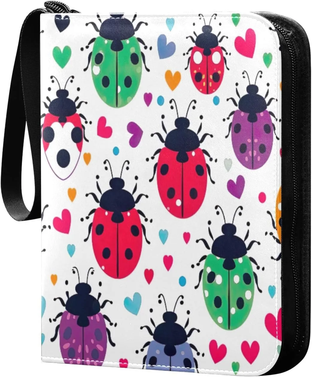 Colorful Lady Bugs Card Binder with 50 Removable Page Sleeves PU Leather Collectible Trading Card Albums Book with Zipper for Games Card,Baseball Cards