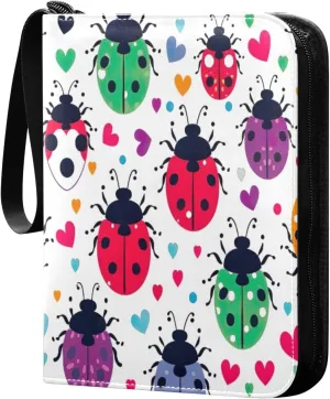Colorful Lady Bugs Card Binder with 50 Removable Page Sleeves PU Leather Collectible Trading Card Albums Book with Zipper for Games Card,Baseball Cards