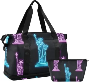 Colorful Neon Fluorescent Statue Of Liberty Gym Tote Bag Carry On Personal Item Bag with Toiletry Bag for Business Trips Large Capacity