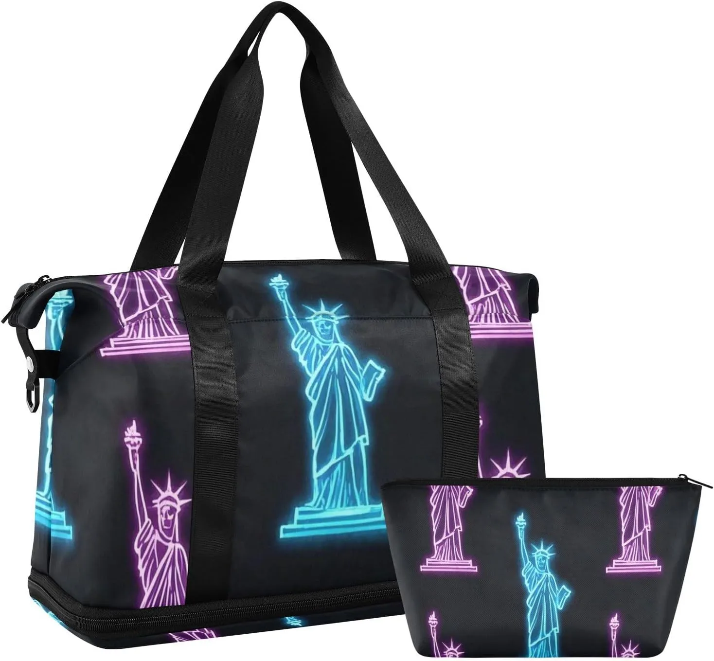Colorful Neon Fluorescent Statue Of Liberty Gym Tote Bag Carry On Personal Item Bag with Toiletry Bag for Business Trips Large Capacity
