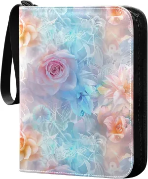 Colorful Rose Card Binder with 50 Removable Page Sleeves PU Leather Collectible Trading Card Albums Book with Zipper for Games Card,Baseball Cards