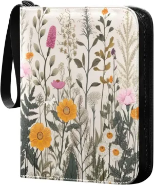 Colorful Wild Flowers (10) Card Binder with 50 Removable Page Sleeves PU Leather Collectible Trading Card Albums Book with Zipper for Games Card,Baseball Cards