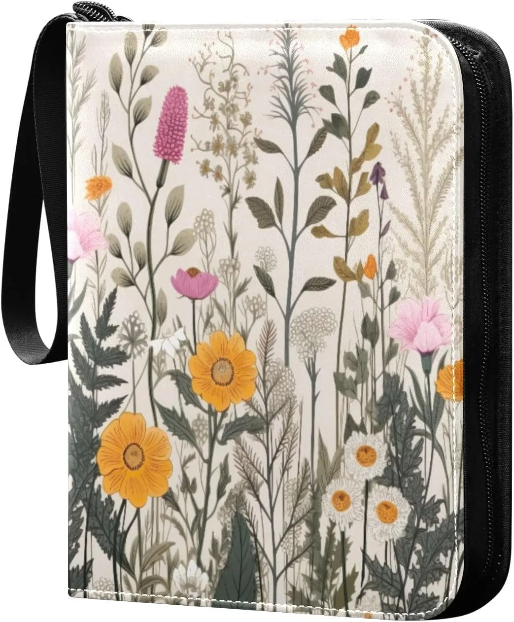 Colorful Wild Flowers (10) Card Binder with 50 Removable Page Sleeves PU Leather Collectible Trading Card Albums Book with Zipper for Games Card,Baseball Cards