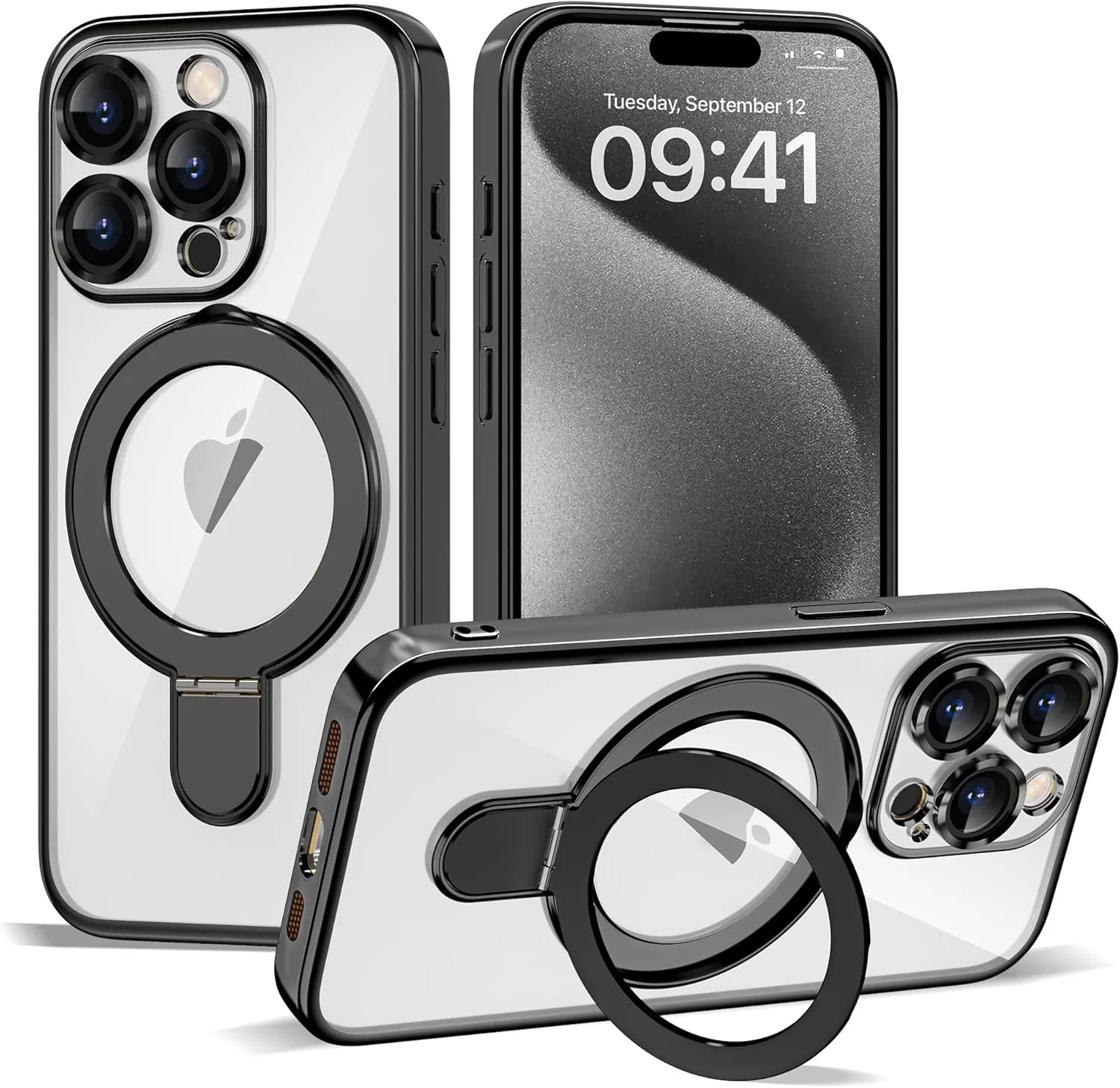 Compatible with iPhone 15 Pro Max Case with Invisible Magnetic Ring Stand [Compatible with Mag-Safe] [Full Camera Lens Protector] Plating Clear Phone Case for iPhone 15 Pro Max 6.7", Black
