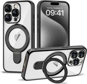 Compatible with iPhone 15 Pro Max Case with Invisible Magnetic Ring Stand [Compatible with Mag-Safe] [Full Camera Lens Protector] Plating Clear Phone Case for iPhone 15 Pro Max 6.7", Black