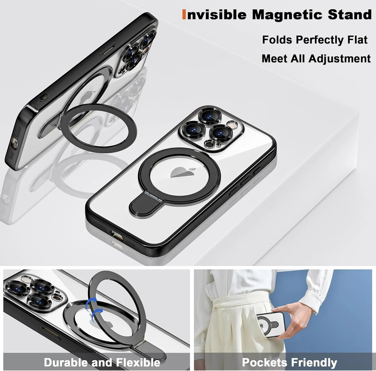 Compatible with iPhone 15 Pro Max Case with Invisible Magnetic Ring Stand [Compatible with Mag-Safe] [Full Camera Lens Protector] Plating Clear Phone Case for iPhone 15 Pro Max 6.7", Black