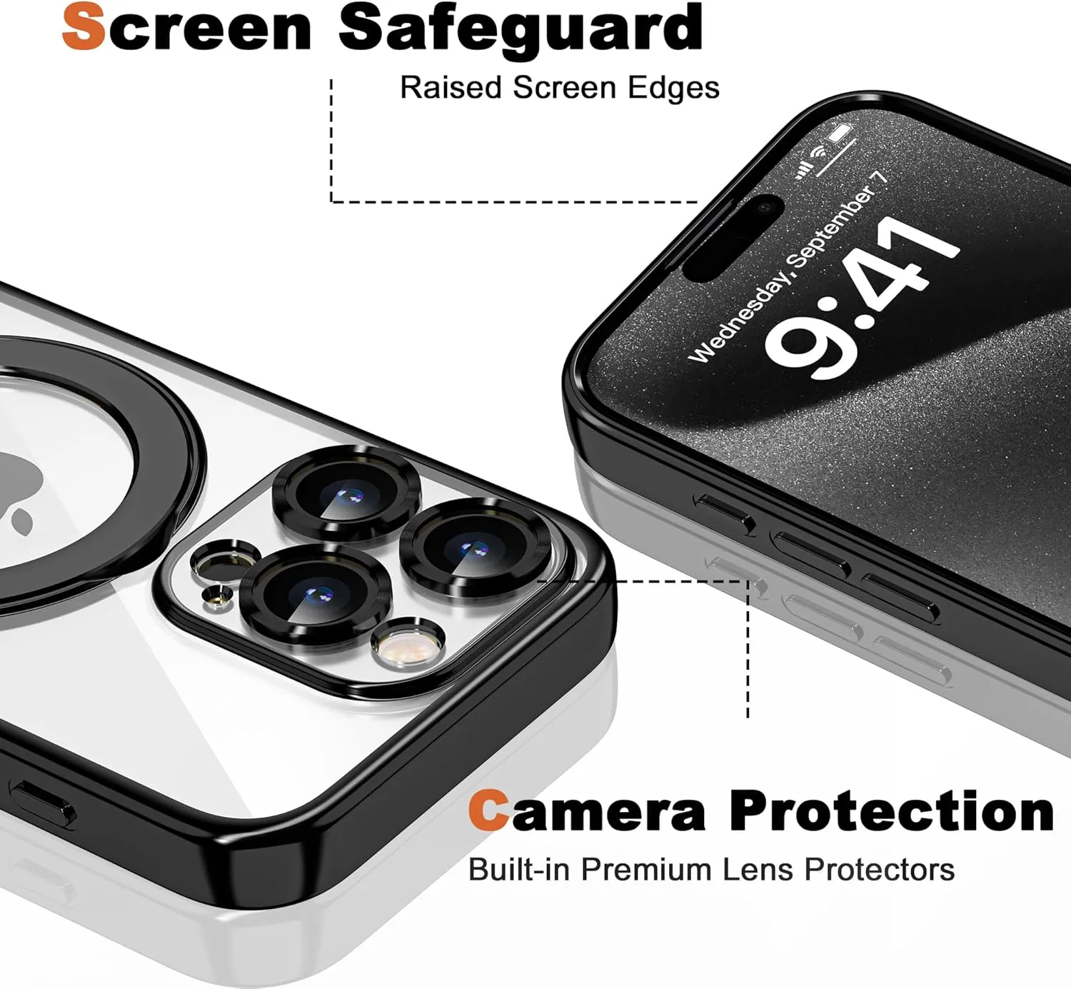 Compatible with iPhone 15 Pro Max Case with Invisible Magnetic Ring Stand [Compatible with Mag-Safe] [Full Camera Lens Protector] Plating Clear Phone Case for iPhone 15 Pro Max 6.7", Black
