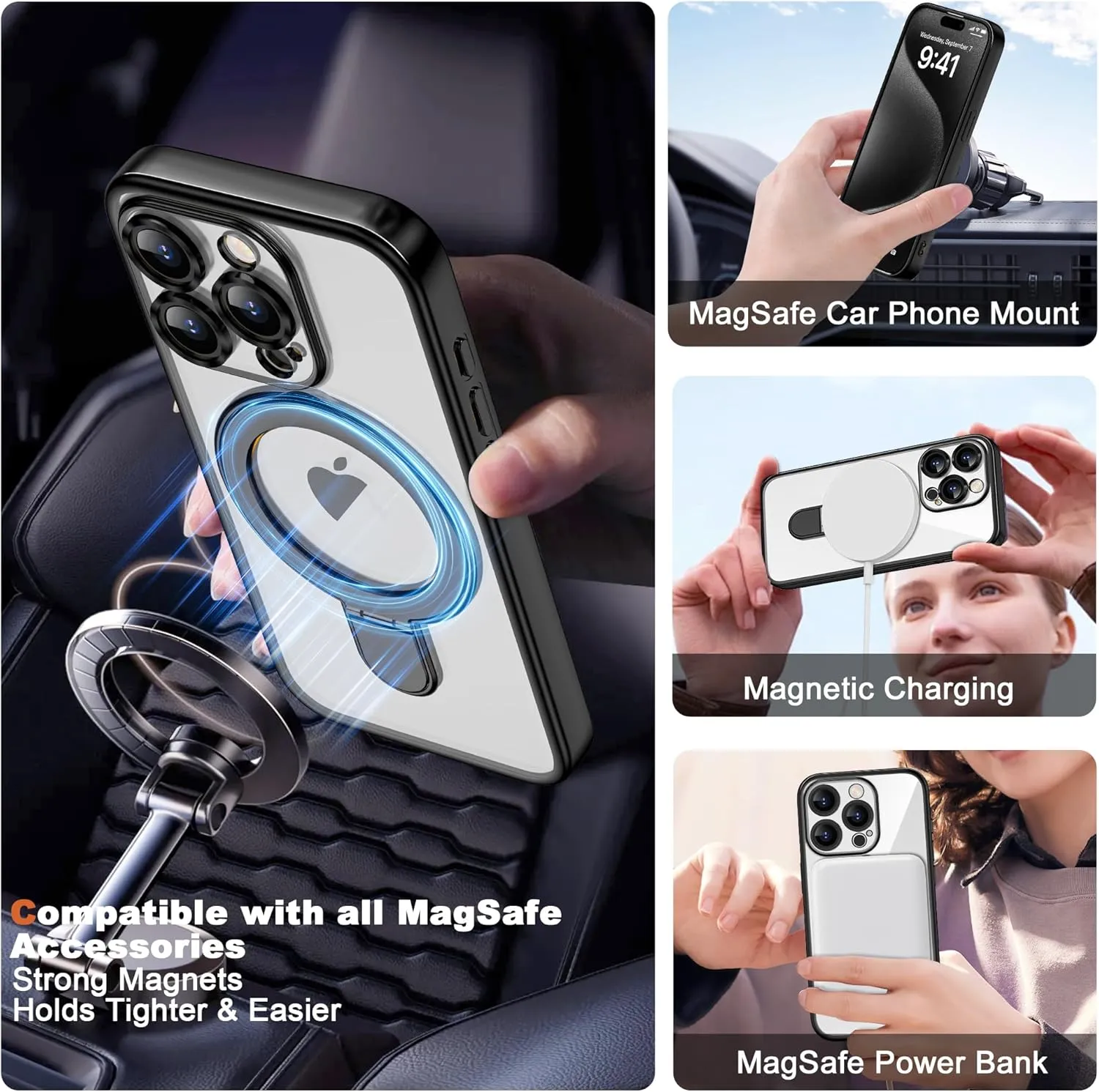 Compatible with iPhone 15 Pro Max Case with Invisible Magnetic Ring Stand [Compatible with Mag-Safe] [Full Camera Lens Protector] Plating Clear Phone Case for iPhone 15 Pro Max 6.7", Black