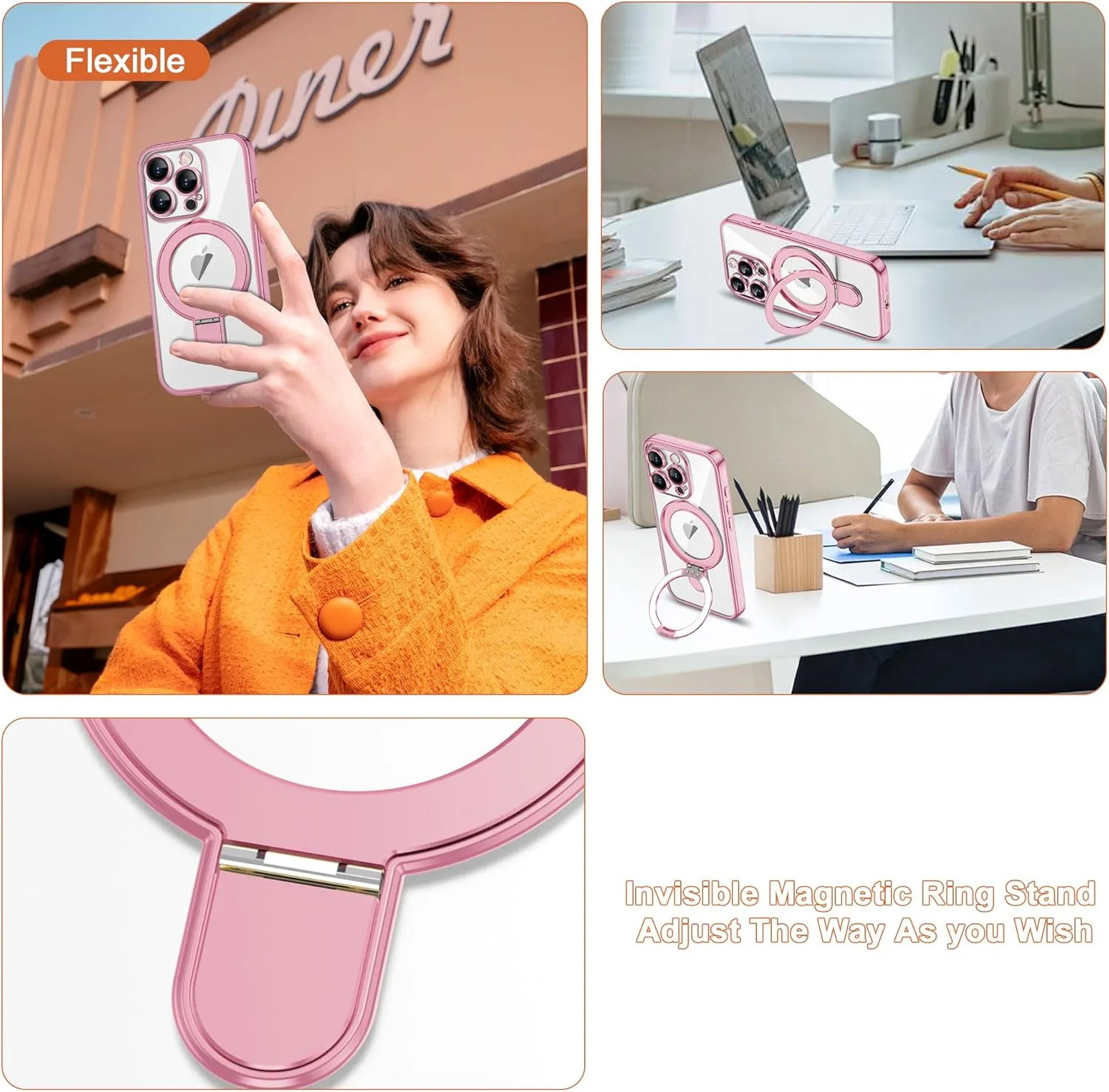 Compatible with iPhone 15 Pro Max Case with Invisible Magnetic Ring Stand [Compatible with Mag-Safe] [Full Camera Lens Protector] Plating Clear Phone Case for iPhone 15 Pro Max 6.7", Pink
