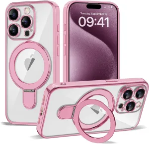 Compatible with iPhone 15 Pro Max Case with Invisible Magnetic Ring Stand [Compatible with Mag-Safe] [Full Camera Lens Protector] Plating Clear Phone Case for iPhone 15 Pro Max 6.7", Pink