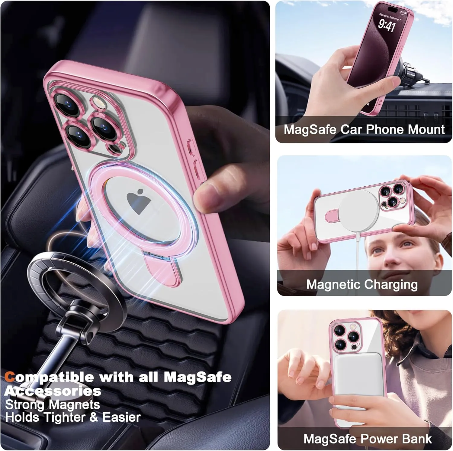 Compatible with iPhone 15 Pro Max Case with Invisible Magnetic Ring Stand [Compatible with Mag-Safe] [Full Camera Lens Protector] Plating Clear Phone Case for iPhone 15 Pro Max 6.7", Pink