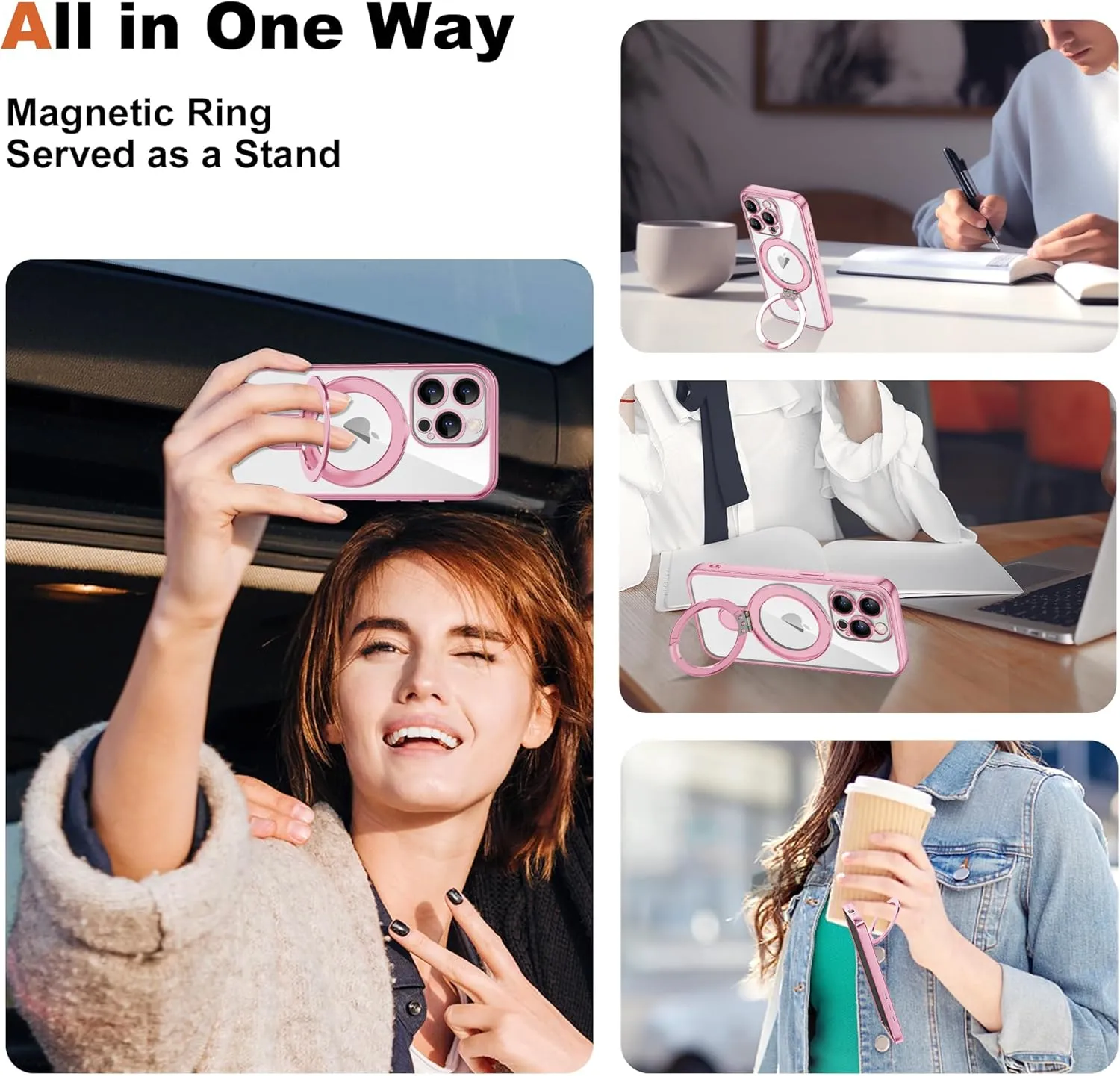 Compatible with iPhone 15 Pro Max Case with Invisible Magnetic Ring Stand [Compatible with Mag-Safe] [Full Camera Lens Protector] Plating Clear Phone Case for iPhone 15 Pro Max 6.7", Pink