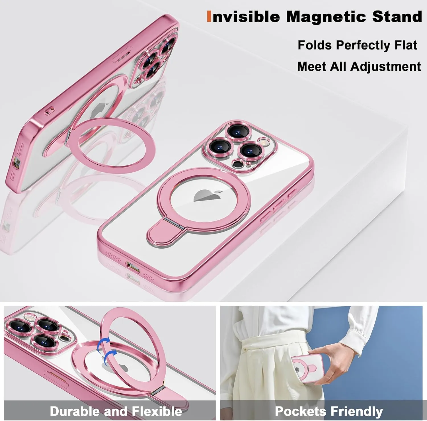 Compatible with iPhone 15 Pro Max Case with Invisible Magnetic Ring Stand [Compatible with Mag-Safe] [Full Camera Lens Protector] Plating Clear Phone Case for iPhone 15 Pro Max 6.7", Pink