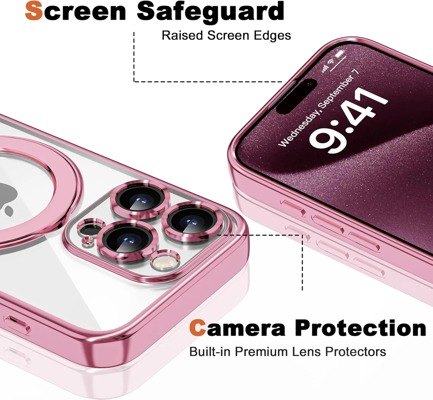 Compatible with iPhone 15 Pro Max Case with Invisible Magnetic Ring Stand [Compatible with Mag-Safe] [Full Camera Lens Protector] Plating Clear Phone Case for iPhone 15 Pro Max 6.7", Pink