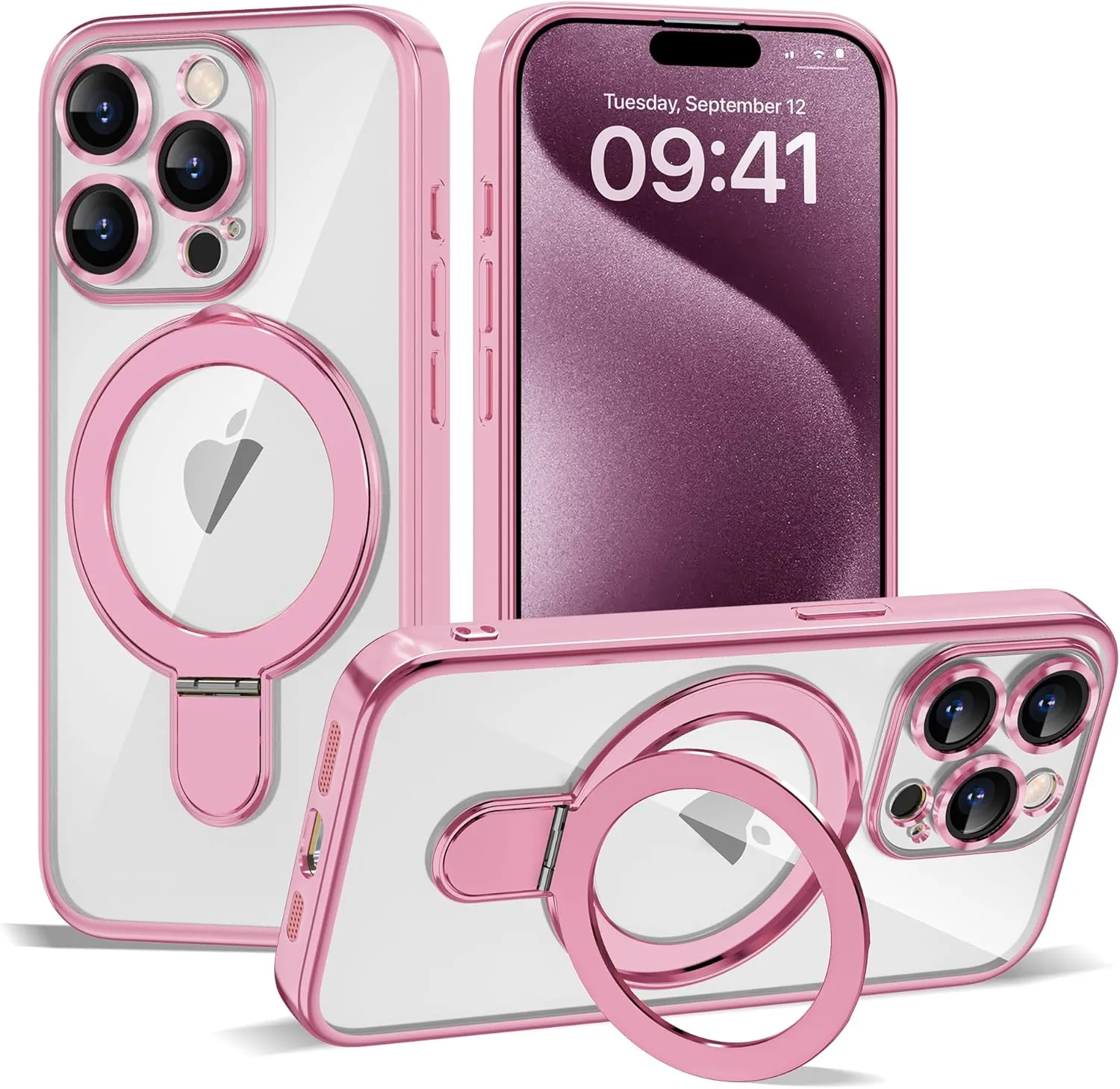 Compatible with iPhone 15 Pro Max Case with Invisible Magnetic Ring Stand [Compatible with Mag-Safe] [Full Camera Lens Protector] Plating Clear Phone Case for iPhone 15 Pro Max 6.7", Pink