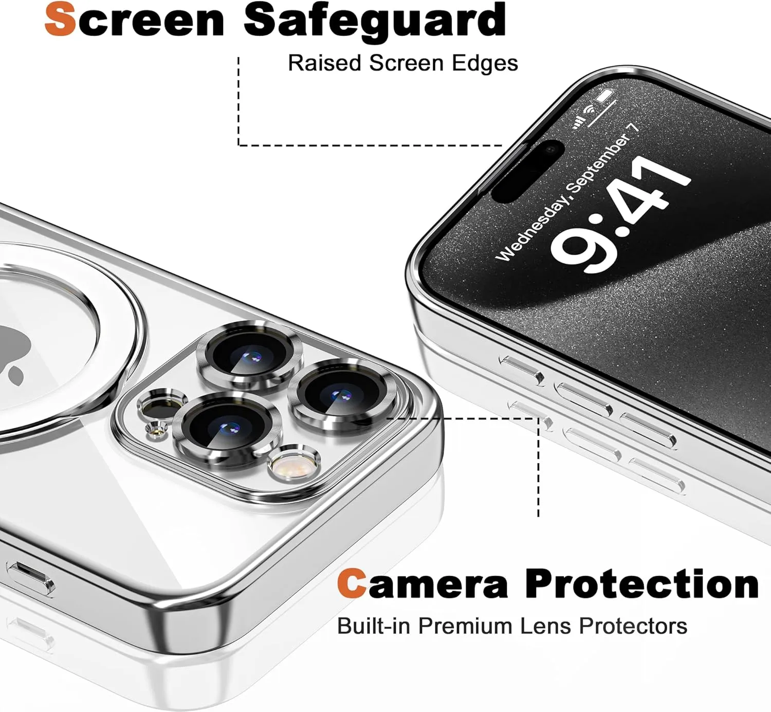 Compatible with iPhone 15 Pro Max Case with Magnetic Ring Stand [Compatible with Mag-Safe] [Full Camera Lens Protector] Plating Clear Phone Case for iPhone 15 Pro Max 6.7", Silver