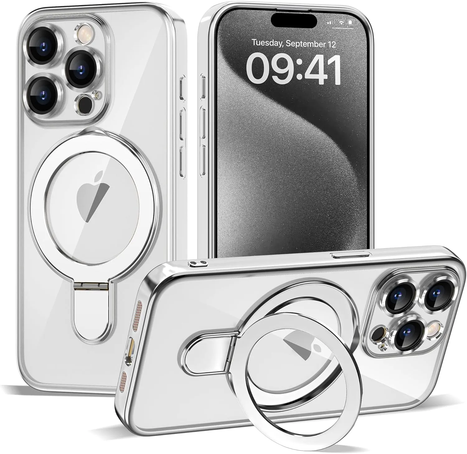 Compatible with iPhone 15 Pro Max Case with Magnetic Ring Stand [Compatible with Mag-Safe] [Full Camera Lens Protector] Plating Clear Phone Case for iPhone 15 Pro Max 6.7", Silver