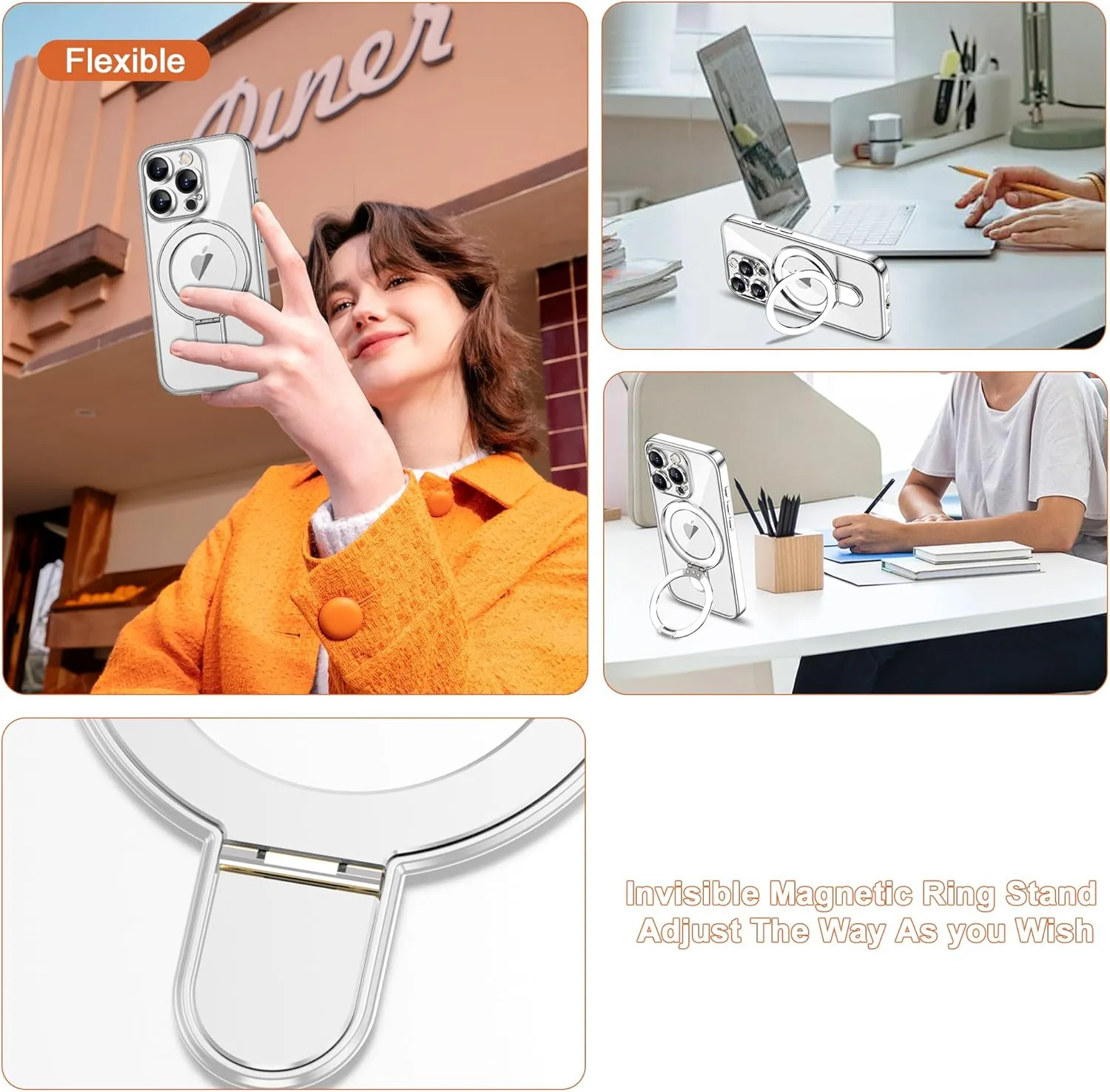 Compatible with iPhone 15 Pro Max Case with Magnetic Ring Stand [Compatible with Mag-Safe] [Full Camera Lens Protector] Plating Clear Phone Case for iPhone 15 Pro Max 6.7", Silver