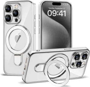 Compatible with iPhone 15 Pro Max Case with Magnetic Ring Stand [Compatible with Mag-Safe] [Full Camera Lens Protector] Plating Clear Phone Case for iPhone 15 Pro Max 6.7", Silver