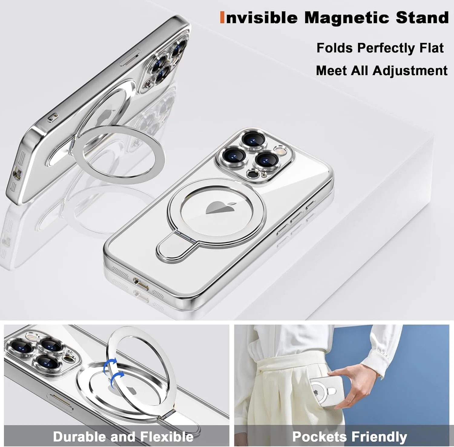 Compatible with iPhone 15 Pro Max Case with Magnetic Ring Stand [Compatible with Mag-Safe] [Full Camera Lens Protector] Plating Clear Phone Case for iPhone 15 Pro Max 6.7", Silver