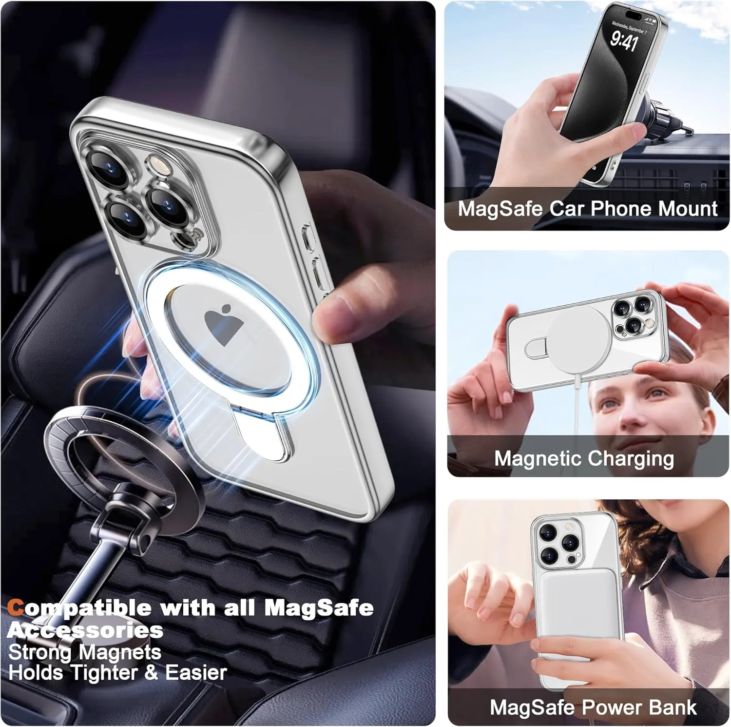 Compatible with iPhone 15 Pro Max Case with Magnetic Ring Stand [Compatible with Mag-Safe] [Full Camera Lens Protector] Plating Clear Phone Case for iPhone 15 Pro Max 6.7", Silver