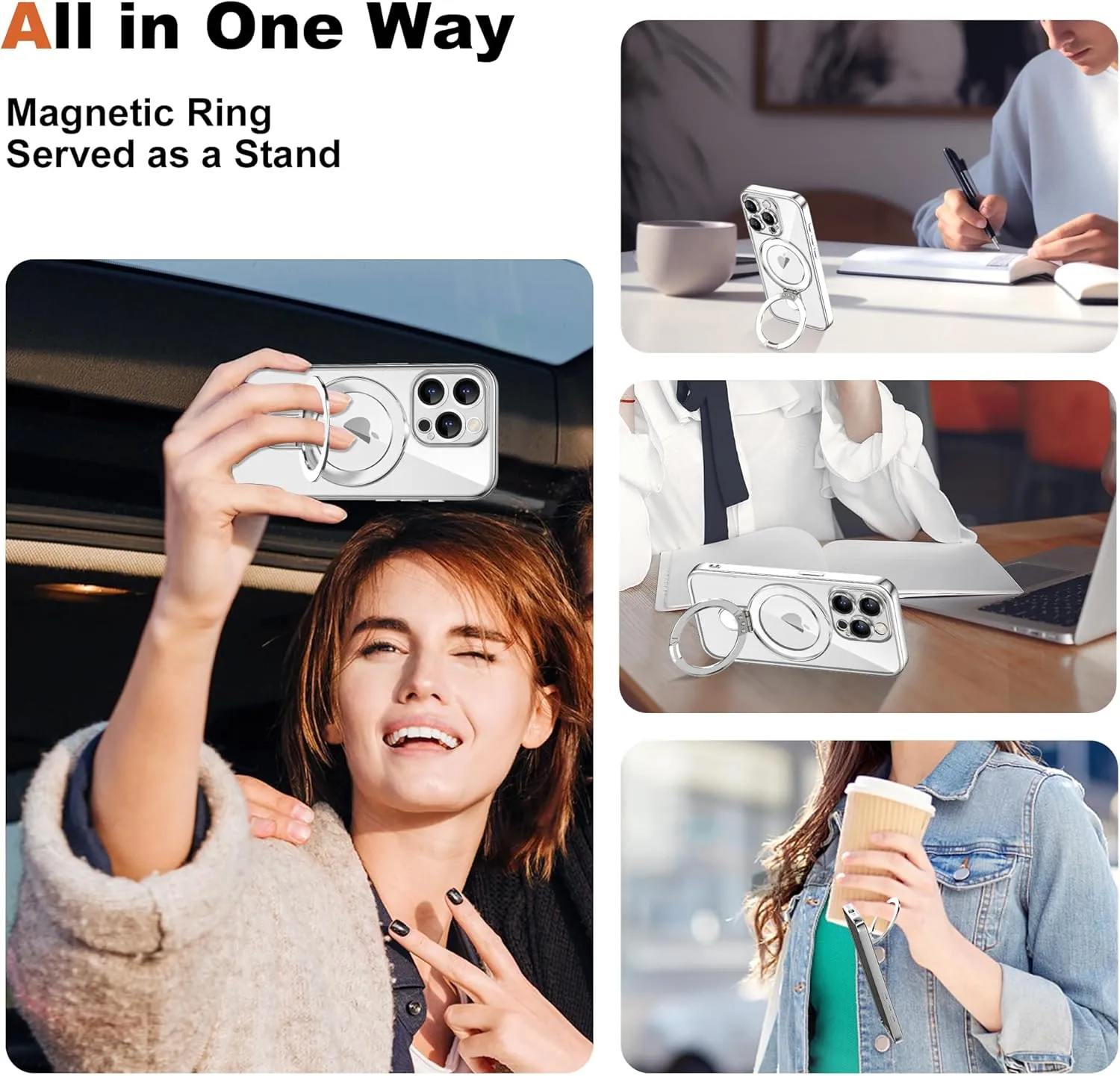 Compatible with iPhone 15 Pro Max Case with Magnetic Ring Stand [Compatible with Mag-Safe] [Full Camera Lens Protector] Plating Clear Phone Case for iPhone 15 Pro Max 6.7", Silver