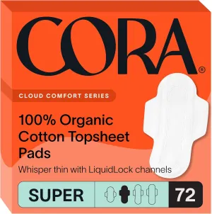 Cora 100% Organic Cotton Ultra Thin Period Pads with Wings | Super Absorbency | Ultra-Absorbent Sanitary Napkins for Women (72 Count)