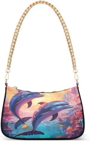 Coral Reef Dolphin Fish Ocean Tote Bag Hobo Handbag for Women Ladies Shoulder Bag Mini Clutch Purse with Zipper Closure