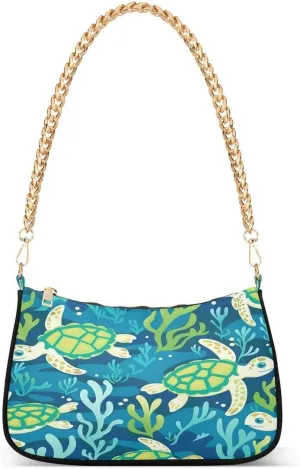 Coral Reef Sea Turtles Watercolor Tote Bag Hobo Handbag for Women Ladies Shoulder Bag Mini Clutch Purse with Zipper Closure