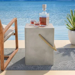 COSIEST Concrete Side Table, Rectangular Outdoor Side Table w Hemp Rope Handles,15''Patio Side Tables End Table, Outdoor Accent Side Table for Garden and Patio, Grey