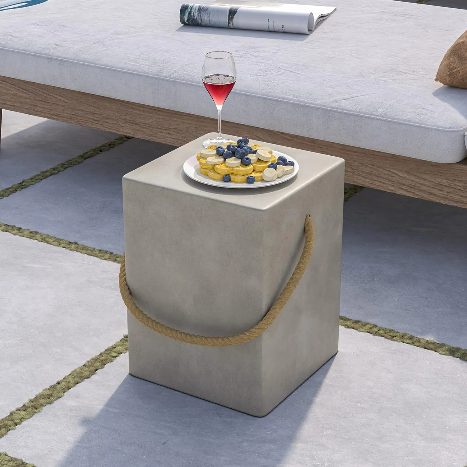 COSIEST Concrete Side Table, Rectangular Outdoor Side Table w Hemp Rope Handles,15''Patio Side Tables End Table, Outdoor Accent Side Table for Garden and Patio, Grey