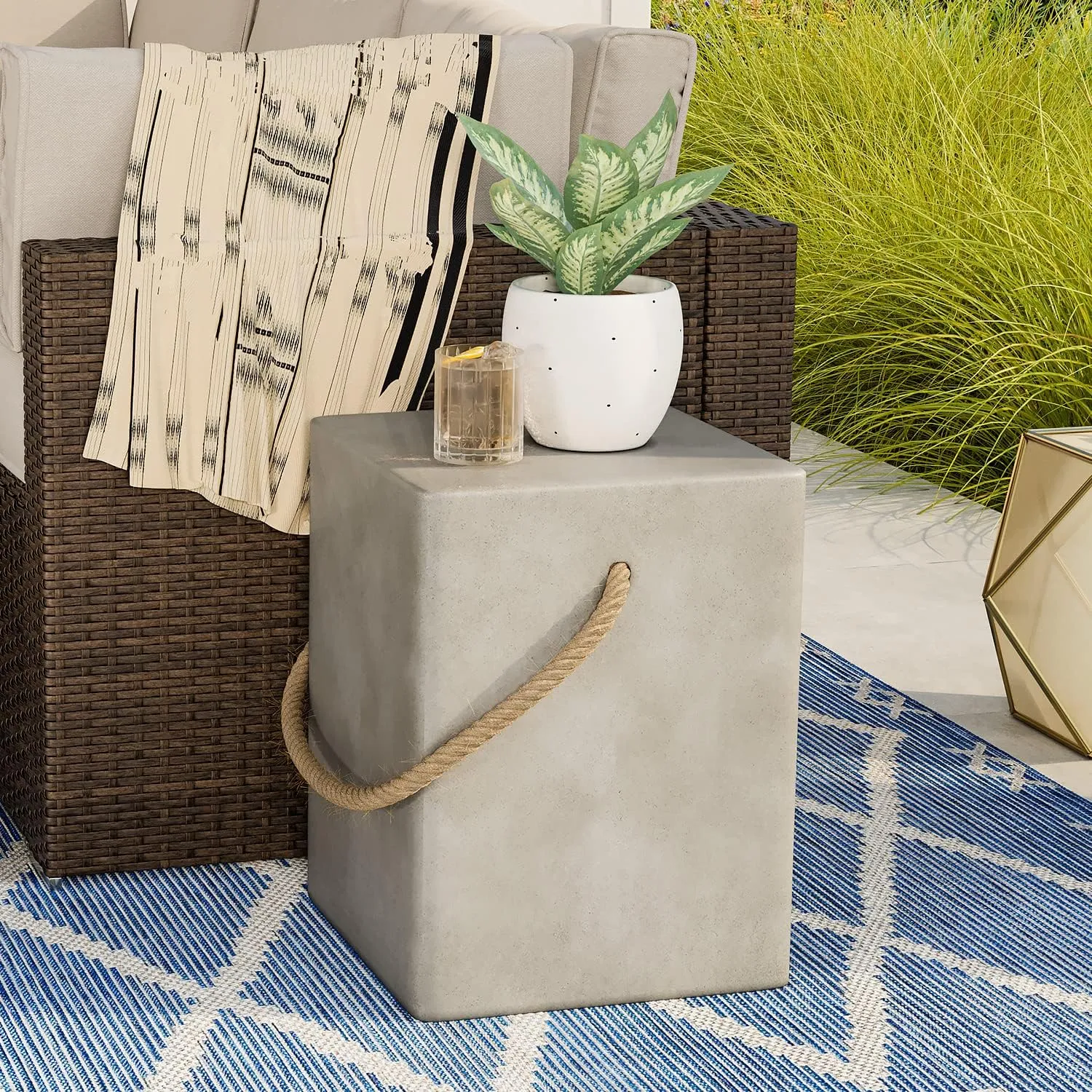 COSIEST Concrete Side Table, Rectangular Outdoor Side Table w Hemp Rope Handles,15''Patio Side Tables End Table, Outdoor Accent Side Table for Garden and Patio, Grey