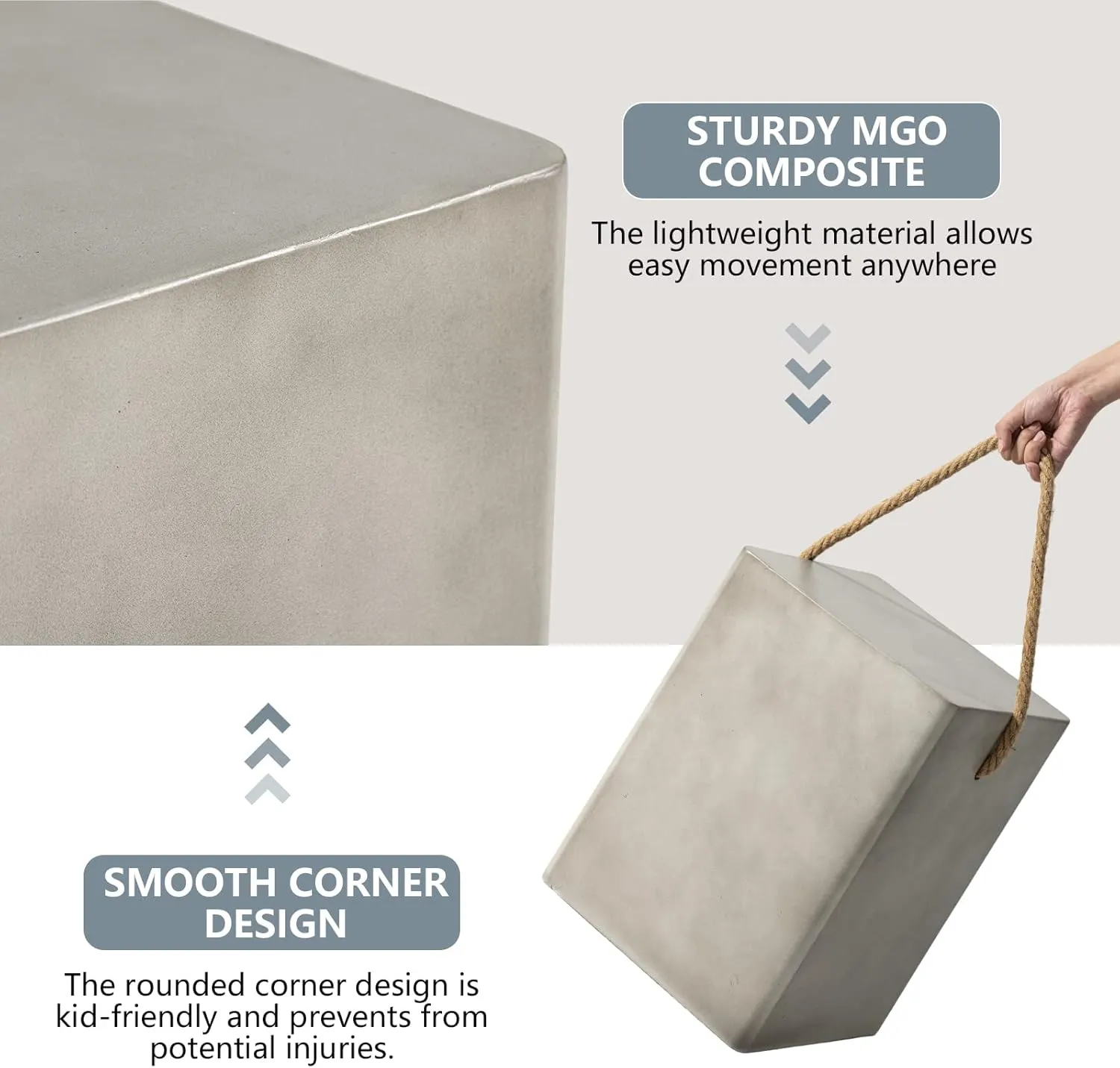 COSIEST Concrete Side Table, Rectangular Outdoor Side Table w Hemp Rope Handles,15''Patio Side Tables End Table, Outdoor Accent Side Table for Garden and Patio, Grey
