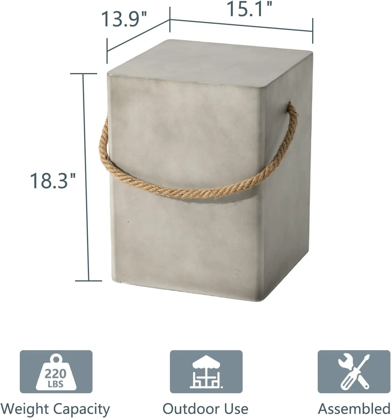 COSIEST Concrete Side Table, Rectangular Outdoor Side Table w Hemp Rope Handles,15''Patio Side Tables End Table, Outdoor Accent Side Table for Garden and Patio, Grey