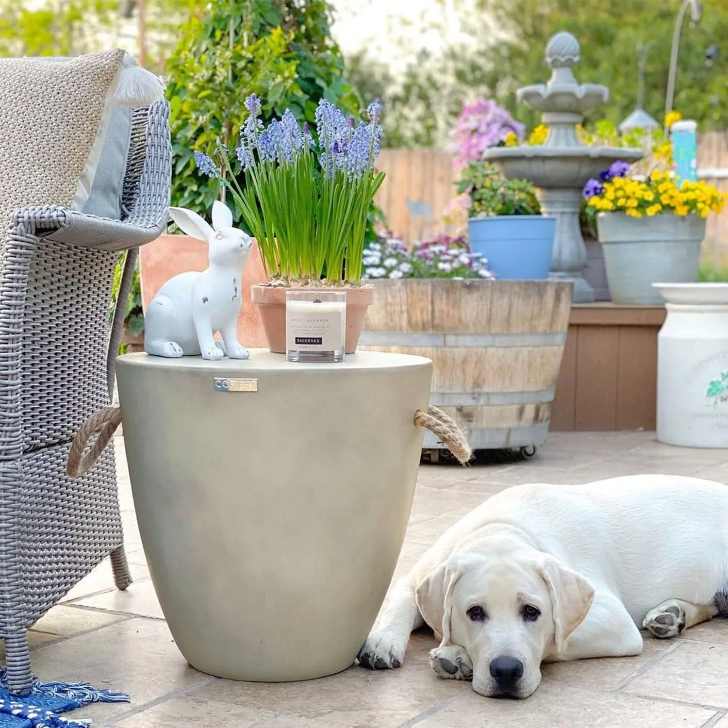 COSIEST Outdoor Shaped Side Table with Concrete Top & Hemp Rope Handles, 17'' Patio Accent Table for Garden