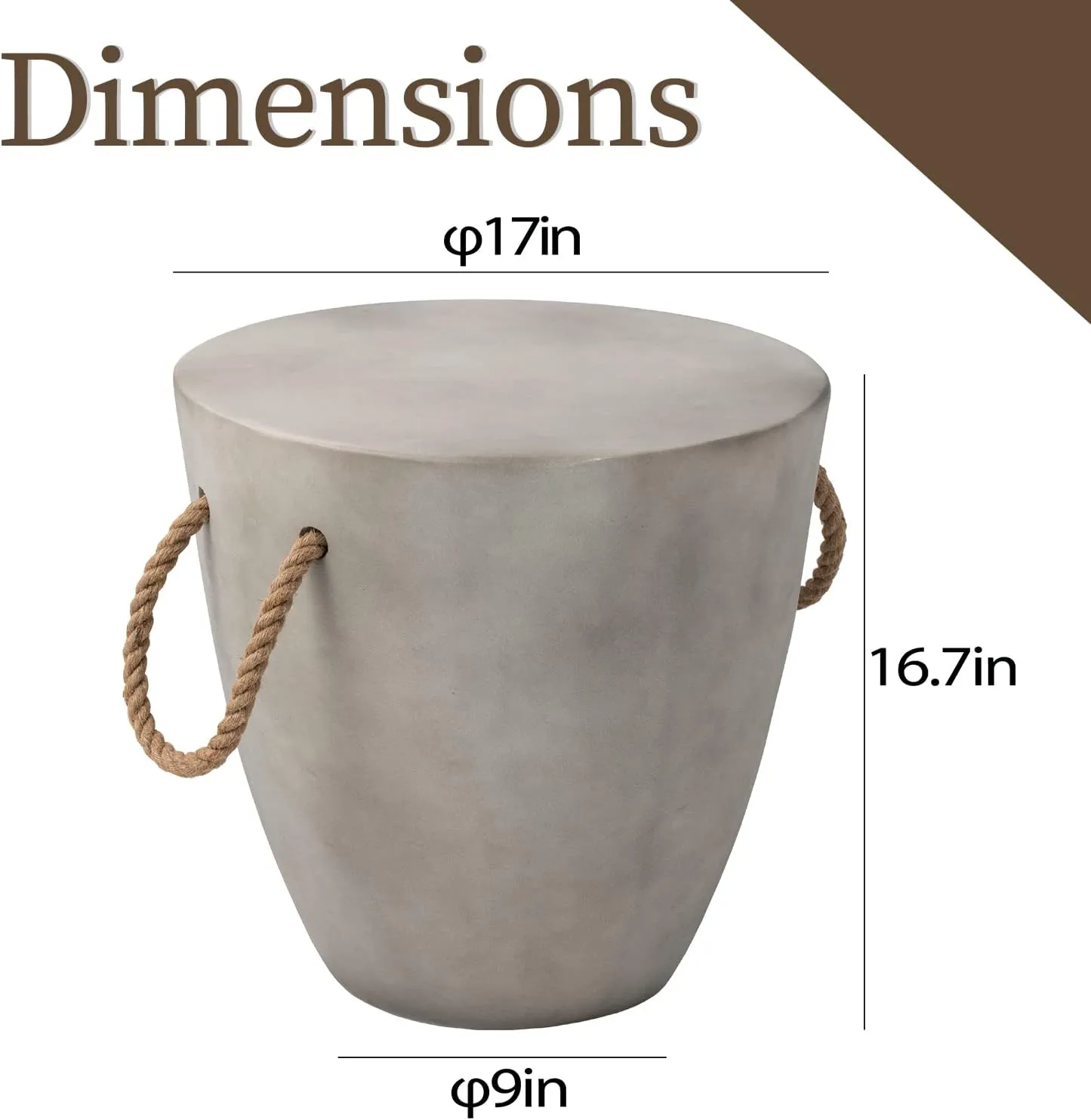 COSIEST Outdoor Shaped Side Table with Concrete Top & Hemp Rope Handles, 17'' Patio Accent Table for Garden