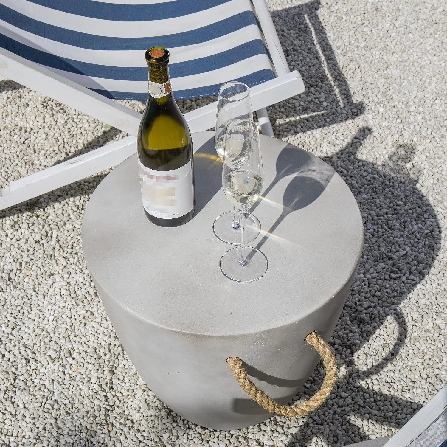 COSIEST Outdoor Shaped Side Table with Concrete Top & Hemp Rope Handles, 17'' Patio Accent Table for Garden